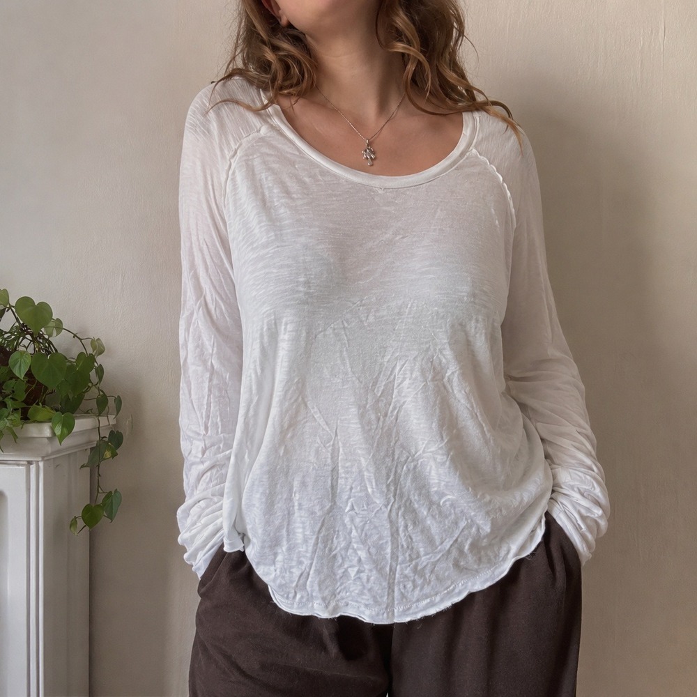 Free People We The Free Womens Arden Tee Medium White Raw Hem Slub Knit Grunge